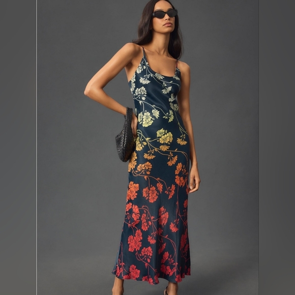 Anthropologie Conditions Apply Elva Slip Midi Dress Deep Teal Floral - Size LP - Picture 7 of 9